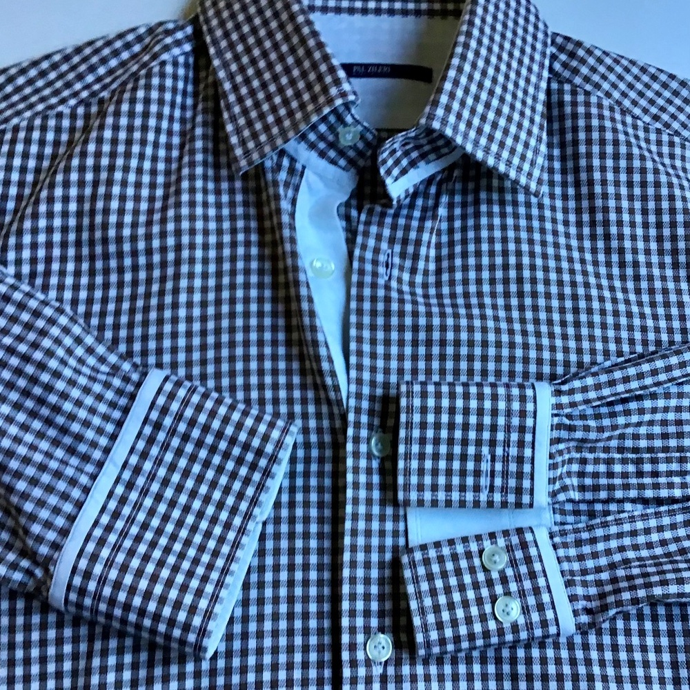 Pal Zileri light brown checkered cotton shirt Sz 15 3/4 , 40  made in Italy 🇮🇹